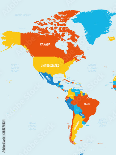 Americas map - 4 bright color scheme. High detailed political map of North and South America continent with country, ocean and sea names labeling