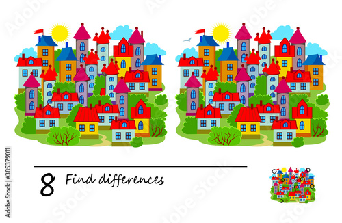 Find 8 differences. Illustration of a town and houses. Logic puzzle game for children and adults. Brain teaser book for kids. Play online. Developing counting skills. Task for attentiveness. IQ test.
