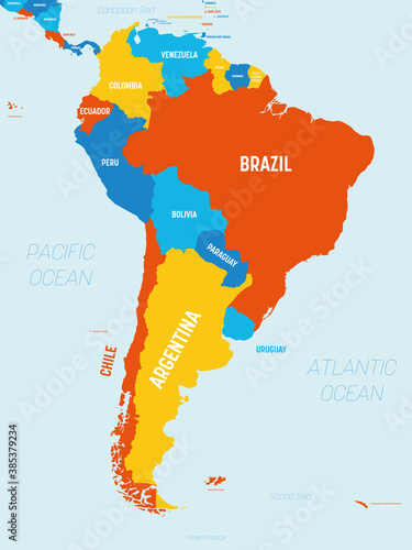 South America map - 4 bright color scheme. High detailed political map South American continent with country, ocean and sea names labeling