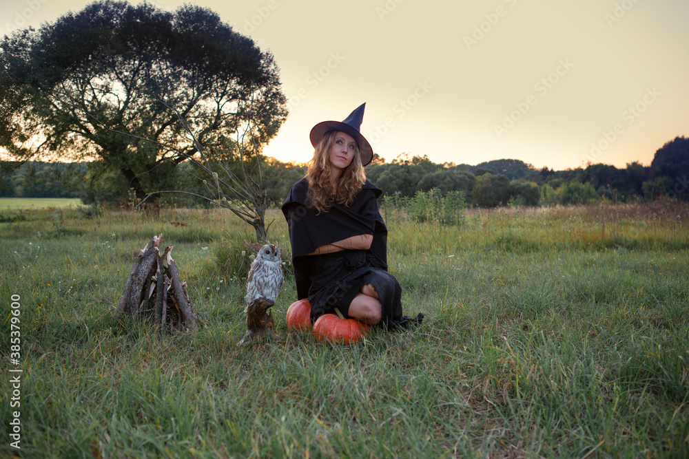 A witch in a field waiting for her friends
