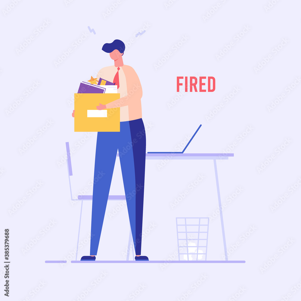 Man stands with a box of things, he was fired from job. Concept of unemployment, fired, work conflict, dismissal, professional burnout. Vector illustration in flat design