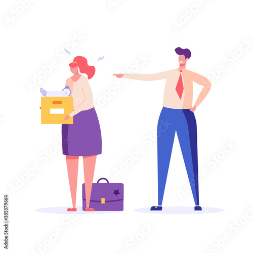 Boss fires a subordinate employee. Concept of unemployment, fired, work conflict, dismissal, professional burnout, unsuccessful career. Vector illustration in flat design
