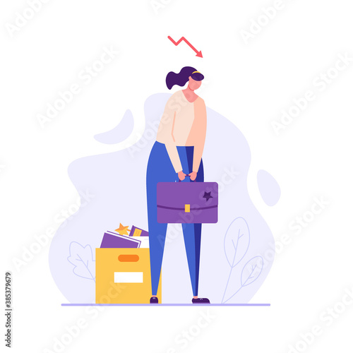 Woman stands with a bag, he was fired from job. Concept of unemployment, fired, work conflict, dismissal, professional burnout, unsuccessful career. Vector illustration in flat design