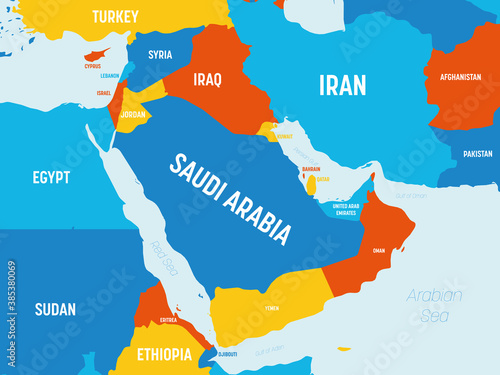 Middle East map - 4 bright color scheme. High detailed political map of Middle East and Arabian Peninsula region with country, ocean and sea names labeling