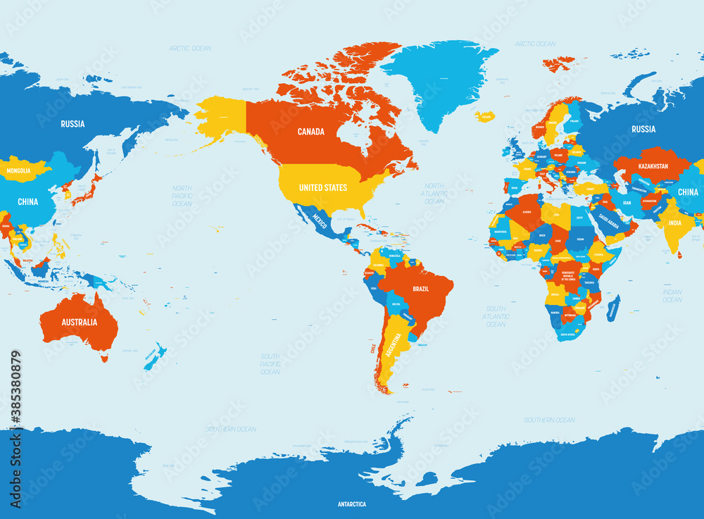 World map - America centered. 4 bright color scheme. High detailed political map of World with country, ocean and sea names labeling