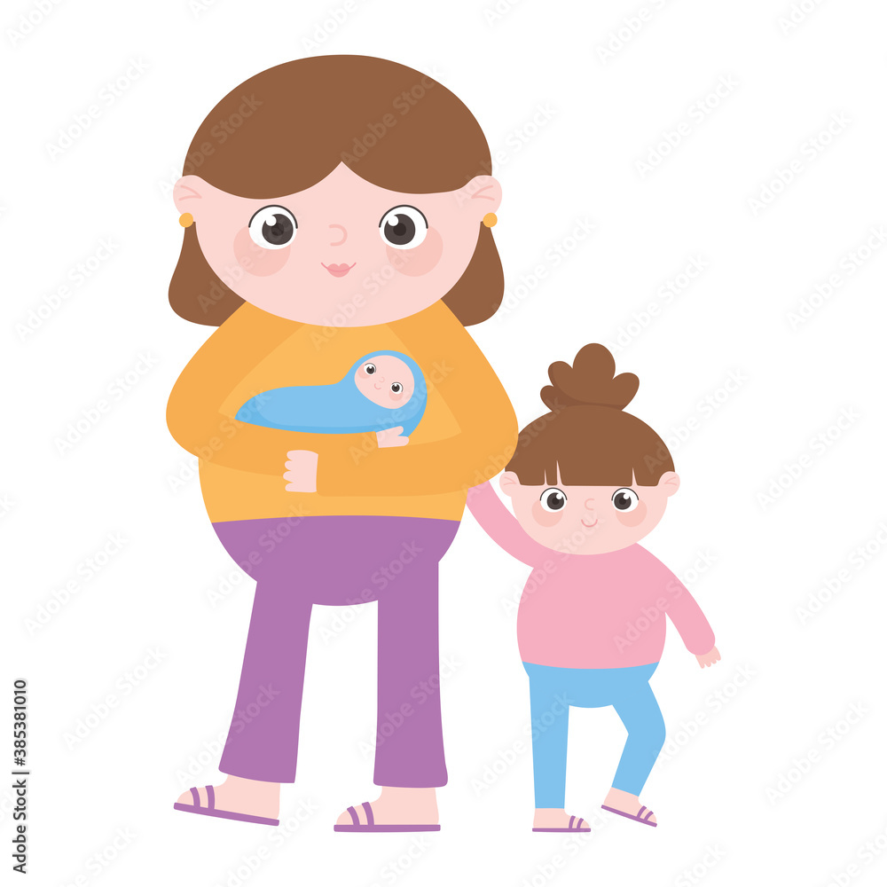 pregnancy and maternity, cute mom with baby and daughter cartoon pregnancy and maternity, cute mom with baby and daughter cartoon