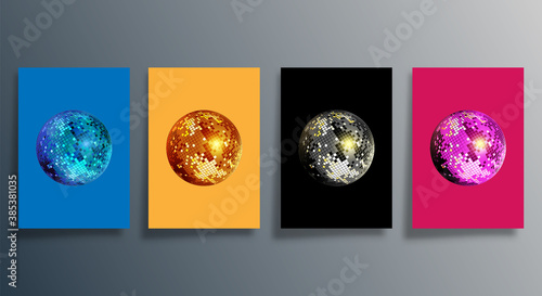 Disco ball in various colors. Set of mirrorball design for party flyer, brochure cover, or retro poster. Vector illustration photo