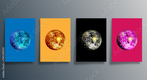 Disco ball in various colors. Set of mirrorball design for party flyer, brochure cover, or retro poster. Vector illustration