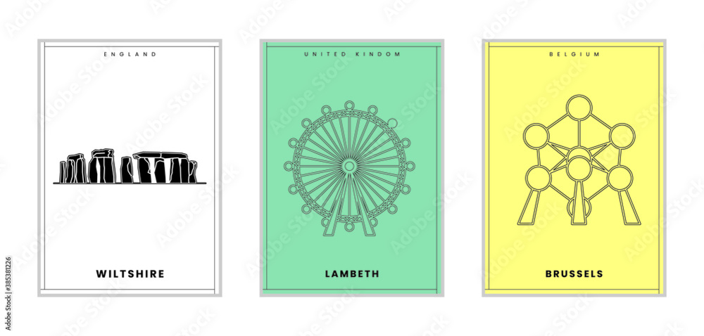 Three minimalist posters of Wiltshire, Lambeth, Brussels,wall decor, flat design,poster design-vector