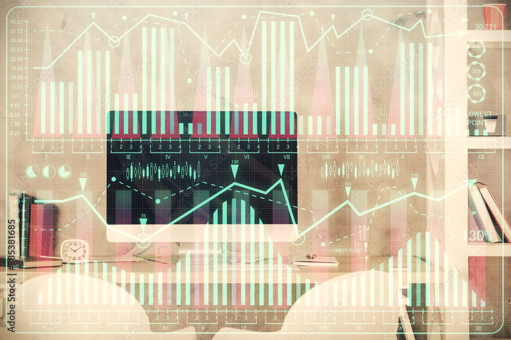Multi exposure of stock market chart drawing and office interior background. Concept of financial analysis. Multi exposure of stock market chart drawing and office interior background. Concept of financial analysis.