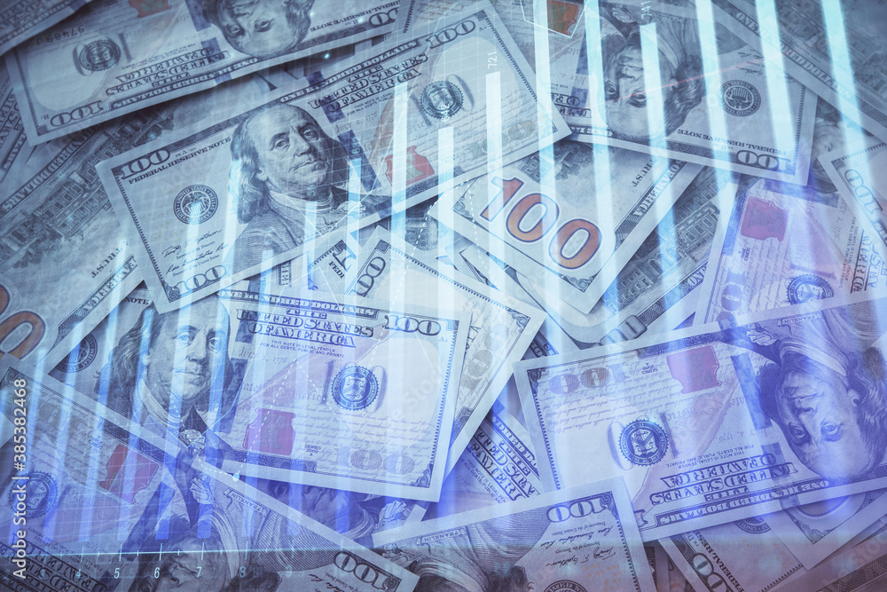 Double exposure of forex graph drawing over us dollars bill background. Concept of financial markets. Double exposure of forex graph drawing over us dollars bill background. Concept of financial markets.