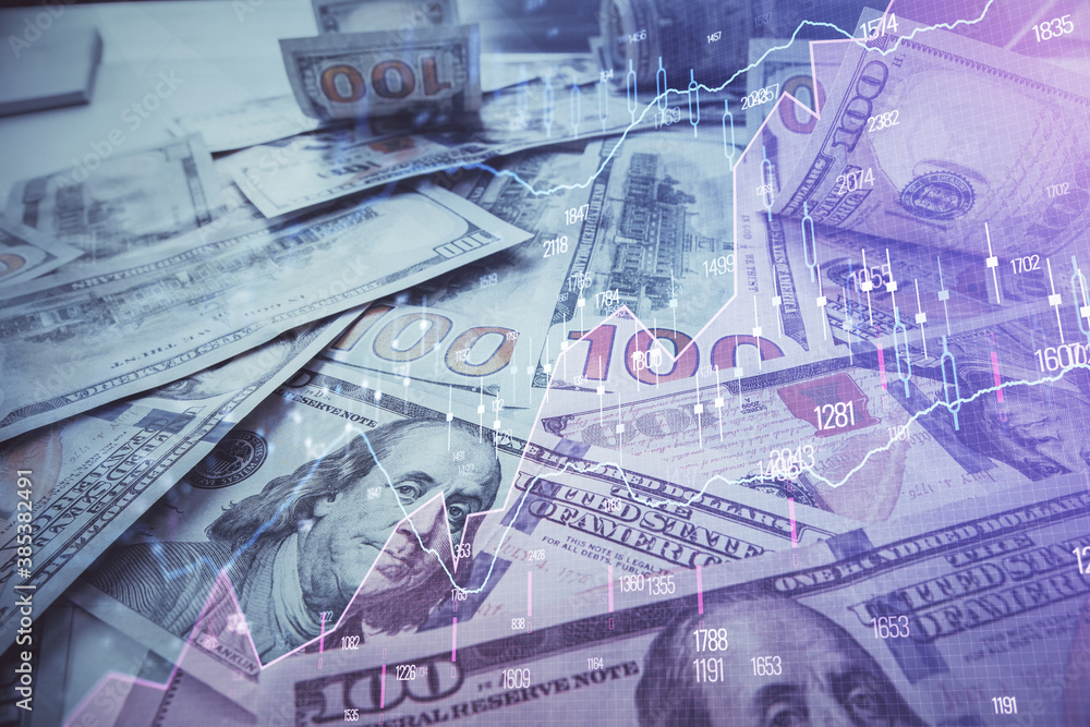 Multi exposure of forex chart drawing over us dollars bill background. Concept of financial success markets. Multi exposure of forex chart drawing over us dollars bill background. Concept of financial success markets.