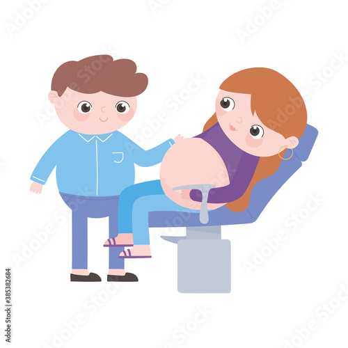 pregnancy and maternity, dad and mom in medical chair consultation