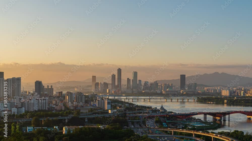 Time lapse 4k sunrise and traffic of Seoul Aerial viewpoint of National Assembly building,Hangang river popular Destinations in Seoul,South Korea Time lapse 4k sunrise and traffic of Seoul Aerial viewpoint of National Assembly building,Hangang river popular Destinations in Seoul,South Korea