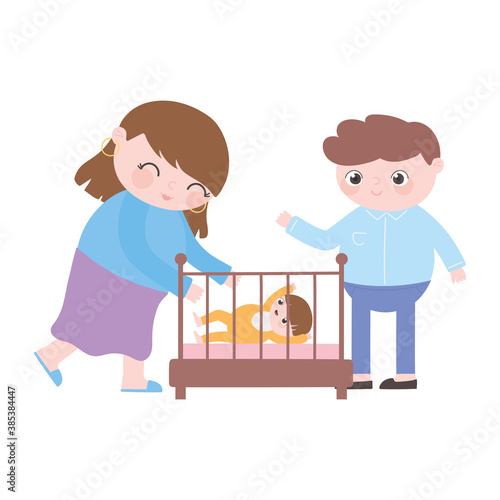 pregnancy and maternity, mom and dad with baby in crib