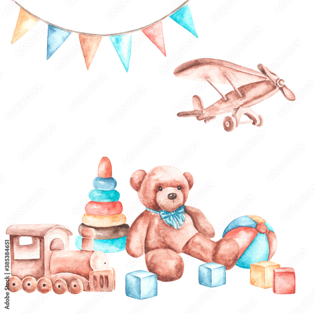 Obraz premium Watercolor postcard, illustration Baby shower. Kids toys. Teddy bear, wooden train, plane, pyramid, ball, cubes, garland of flags. Child boy. Birthday. For printing on postcards, banners, posters
