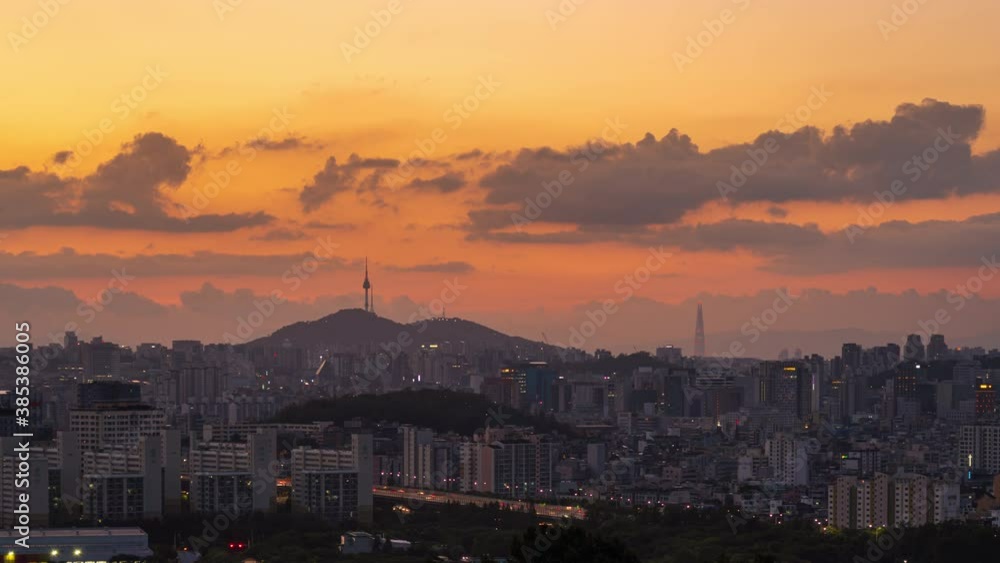 Timelapse 4k cityscape and Capital of South Korea and viewpoint of Namsan Seoul Tower popular tourist attractions in South Korea. Viewpoint from Inwangsan mountain in Seoul city. Timelapse 4k cityscape and Capital of South Korea and viewpoint of Namsan Seoul Tower popular tourist attractions in South Korea. Viewpoint from Inwangsan mountain in Seoul city.