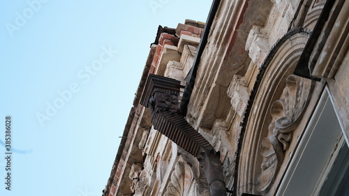 Details and elements of the facade of the building. Russian architecture, background image for web design.