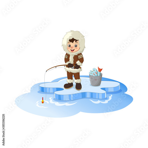 Cartoon Arctic Eskimo fishing on ice floe