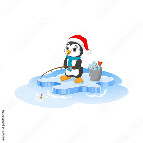 Cartoon happy penguin fishing on ice floe