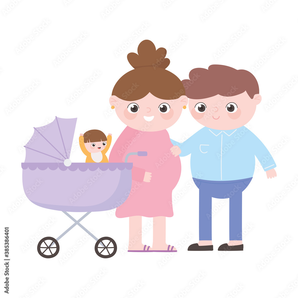 pregnancy and maternity, dad and pregnant mom with baby in pram pregnancy and maternity, dad and pregnant mom with baby in pram