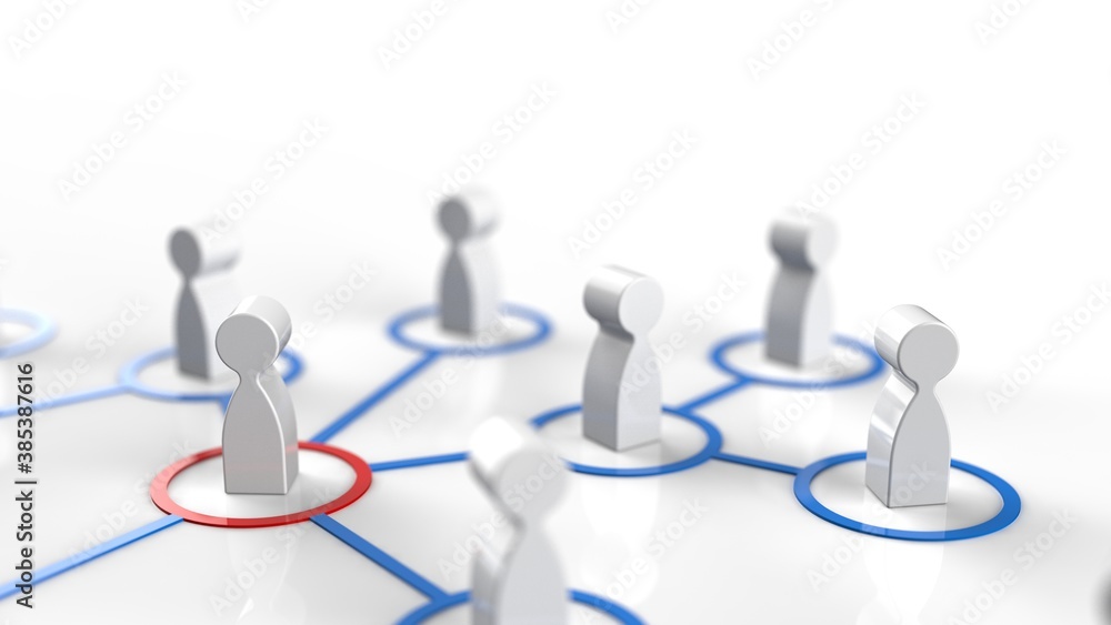 Chain of human figurines connected by blue lines. Cooperation and interaction between people and employees. Dissemination of information in society, rumors. Social contacts. 3D CG. 3D illustration. Chain of human figurines connected by blue lines. Cooperation and interaction between people and employees. Dissemination of information in society, rumors. Social contacts. 3D CG. 3D illustration.