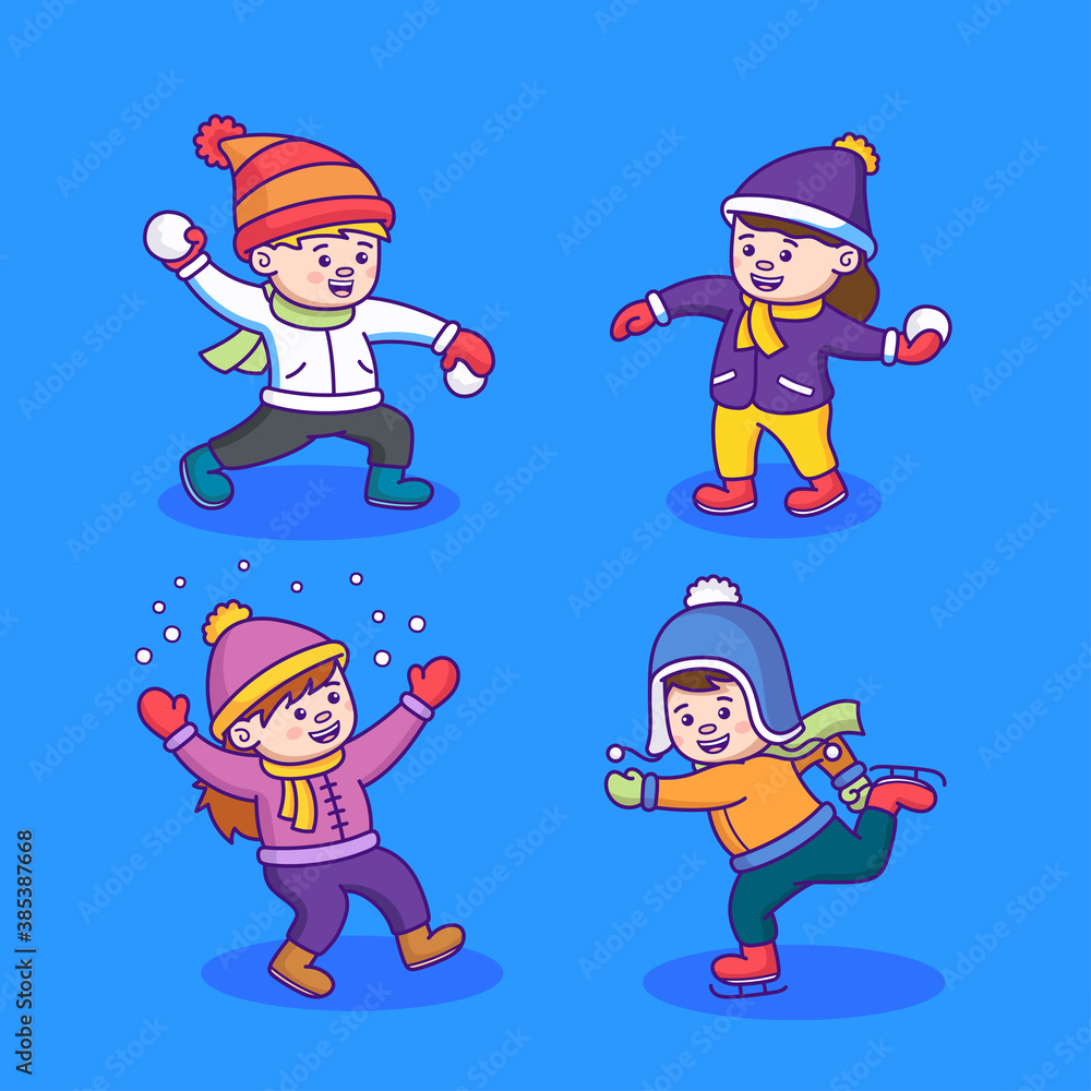 Kids playing snow, winter season illustration Kids playing snow, winter season illustration
