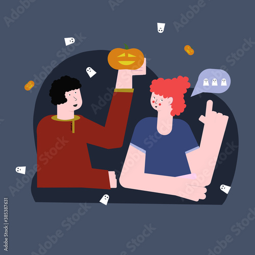 A guy and a girl are discussing how to celebrate a halloween party. Vector illustration for mailing lists and web pages
