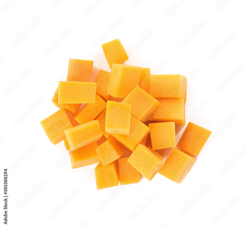Cubes of fresh ripe carrot isolated on white, top view Cubes of fresh ripe carrot isolated on white, top view