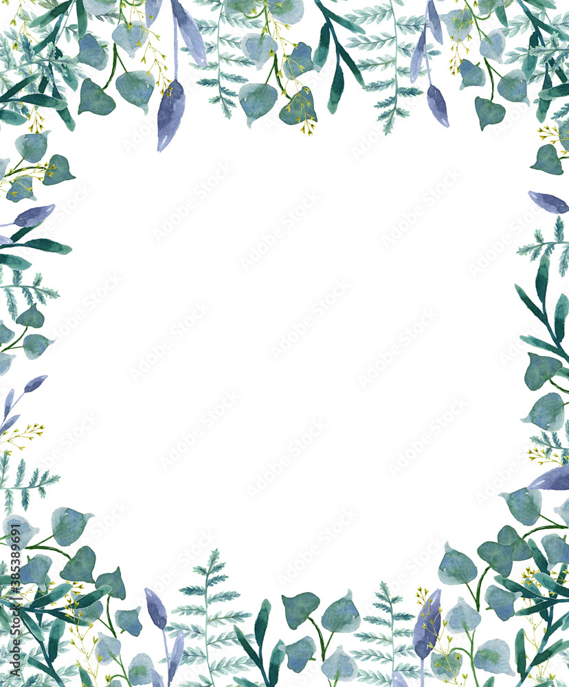 Hand drawn watercolor illustration. Botanical wreath of green branches and leaves. Design elements. Perfect for invitations, greeting cards, prints, posters, packing Hand drawn watercolor illustration. Botanical wreath of green branches and leaves. Design elements. Perfect for invitations, greeting cards, prints, posters, packing