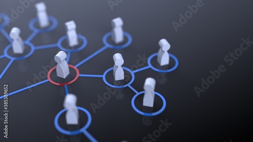 Chain of human figurines connected by blue lines. Cooperation and interaction between people and employees. Dissemination of information in society, rumors. Social contacts. 3D CG. 3D illustration.