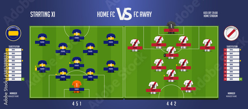 Football or soccer match lineups formation infographic. Set of football player position on soccer field. Football or soccer icon in flat design. 
