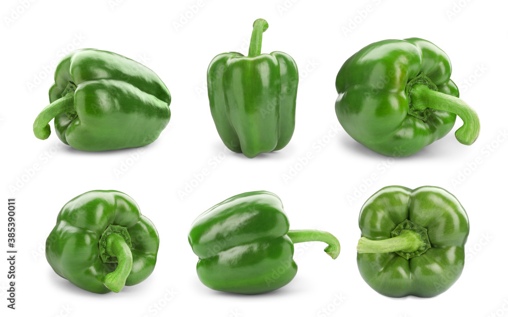 Set of fresh green bell peppers isolated on white