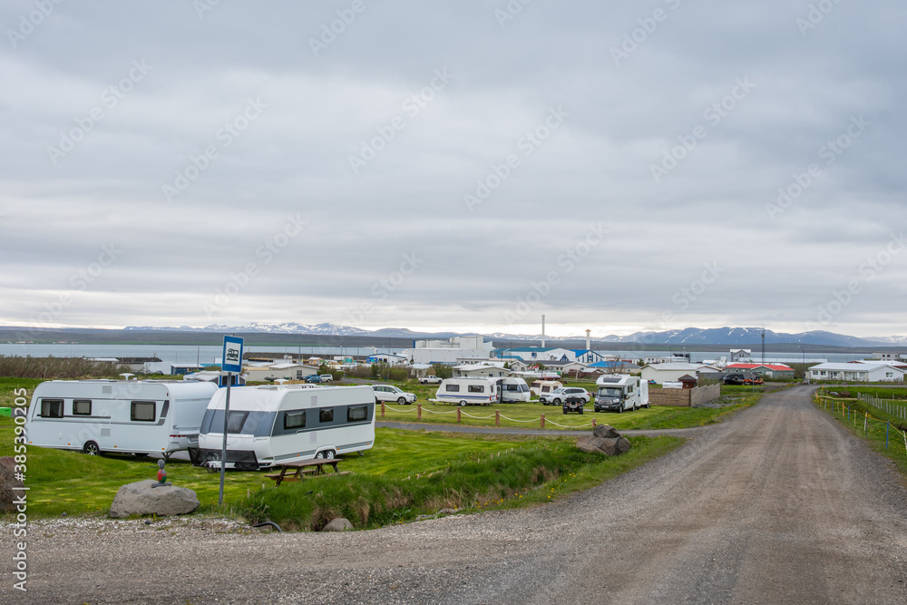 Campsite of town of Thorshofn in North Iceland