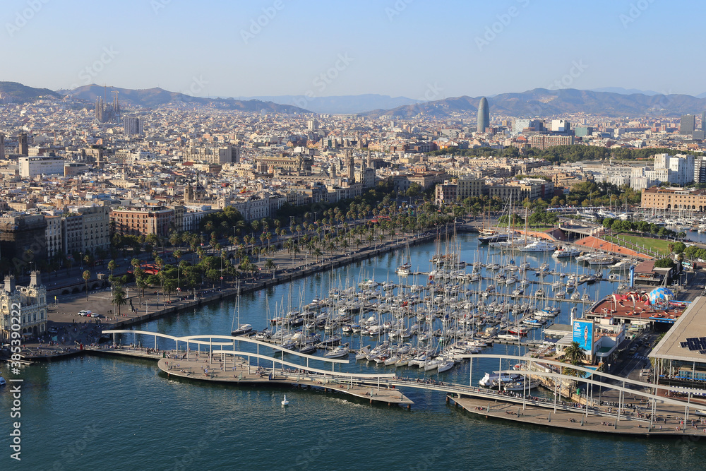 High angle shot of the beautiful Barcelona Port in Spain