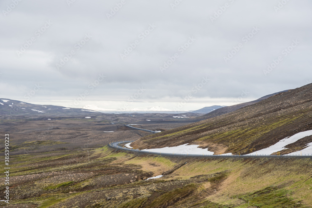 The road through Hofaskard mountain pass in Iceland