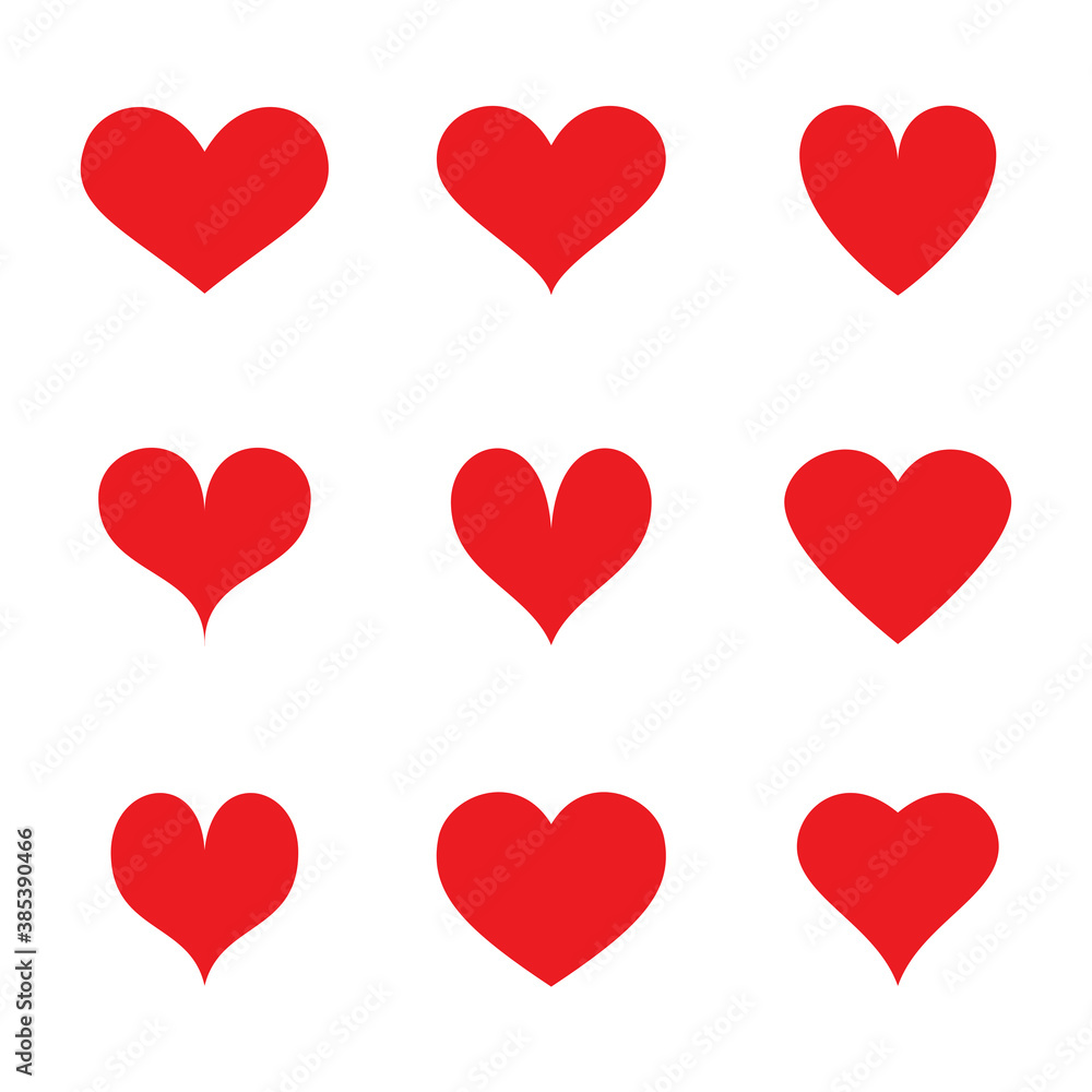 Red heart vector icons set. Flat love icon isolated on white. Heart vector for love logo, heart symbol, shape icon and Valentine's day. Cute heart vector icon for shape design, heart and love icon