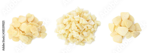 Set of cut garlic on white background, top view. Banner design