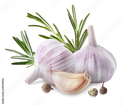 Fresh garlic with rosemary and spice on white background