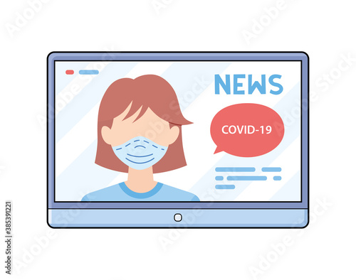 COVID-19 coronavirus breaking news presenter journalist woman wearing medical mask online tv screen isolated vector illustration