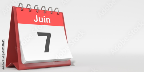 June 7 date written in French on the flip calendar page, 3d rendering