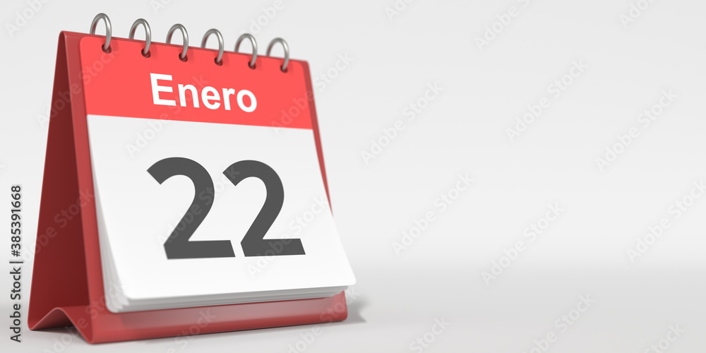 January 22 date written in Spanish on the flip calendar, 3d rendering January 22 date written in Spanish on the flip calendar, 3d rendering