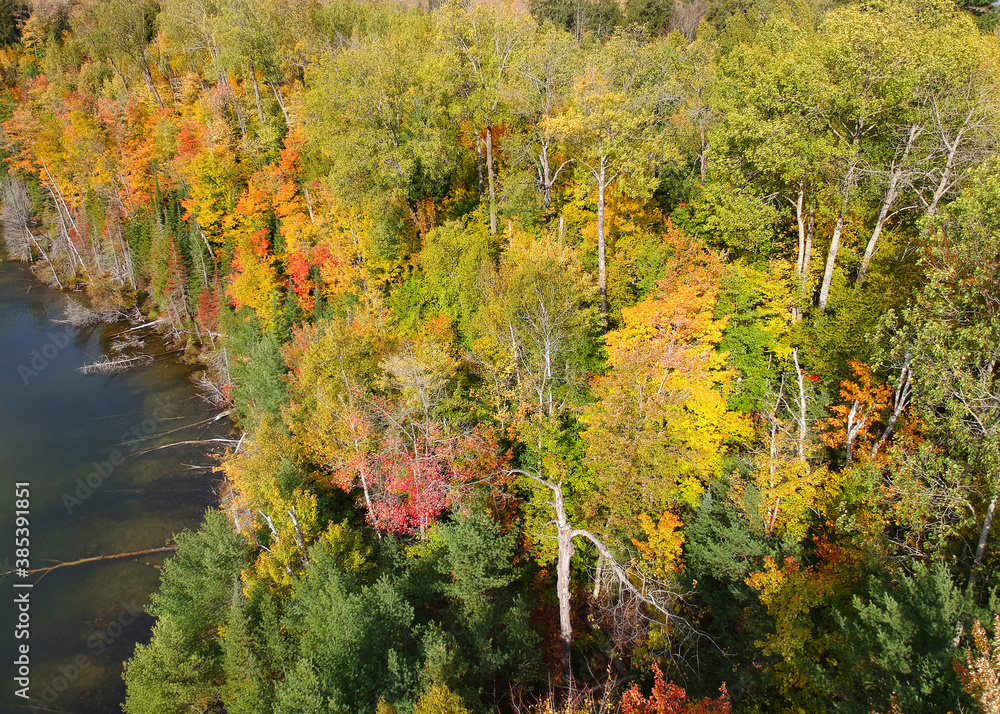 Aerial view of lake superior shore with autumn trees in Michigan upper peninsula