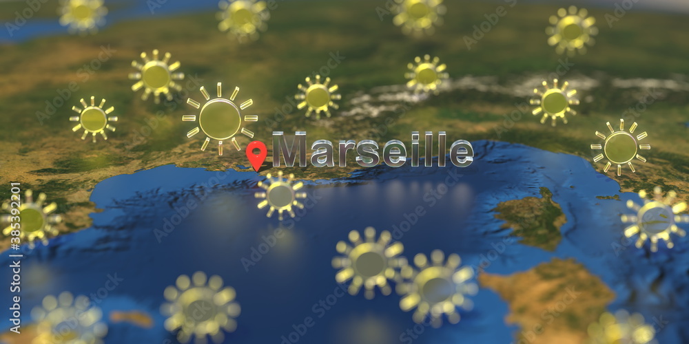 Sunny weather icons near Marseille city on the map, weather forecast related 3D rendering