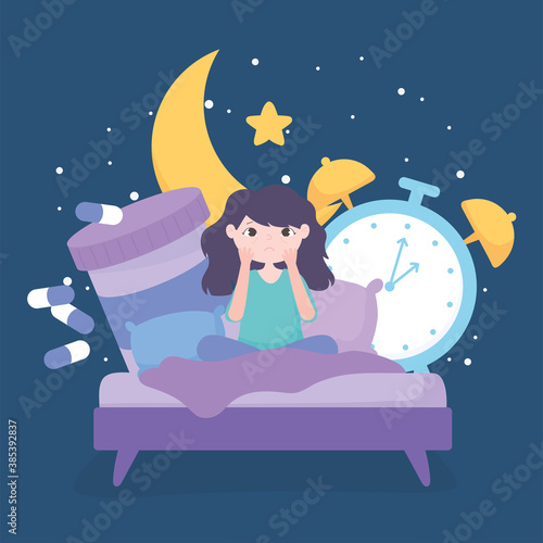 insomnia, sad girl on bed with medicine clock night