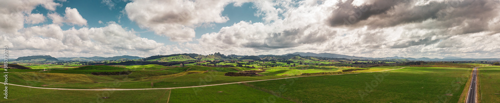 Panoramic view of beautiful green fields on countryside with the road on the side