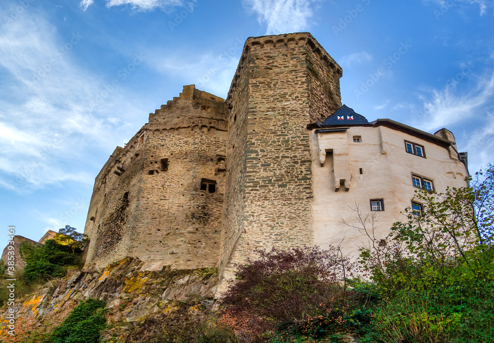 Side view of the castle in the historic city Runkel at the Lahn river in Hesse, Germany