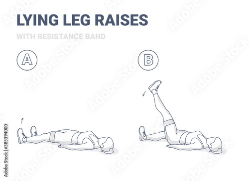 Lying Leg Raises or Lifting with Resistance Band Home Workout Exercise Guidance Illustration.
