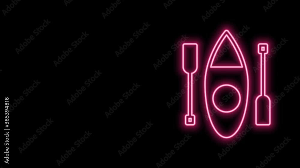 Glowing neon line Kayak and paddle icon isolated on black background. Kayak and canoe for fishing and tourism. Outdoor activities. 4K Video motion graphic animation Glowing neon line Kayak and paddle icon isolated on black background. Kayak and canoe for fishing and tourism. Outdoor activities. 4K Video motion graphic animation