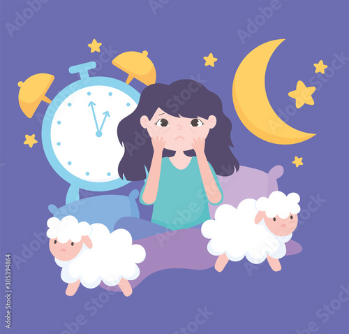 insomnia, worried girl in the bed with sheeps and clock